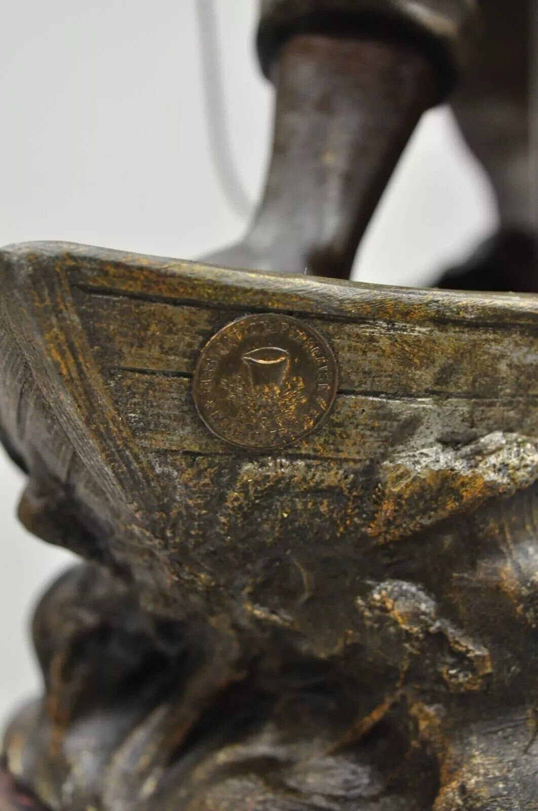 Antique French Spelter Metal Sailor Watchman on Ship Wooden Base, Made in France