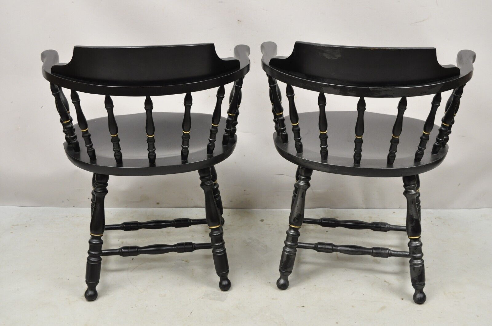 Vintage S. Bent & Bros Black Painted Eagle Colonial Style Pub Chairs - a Pair