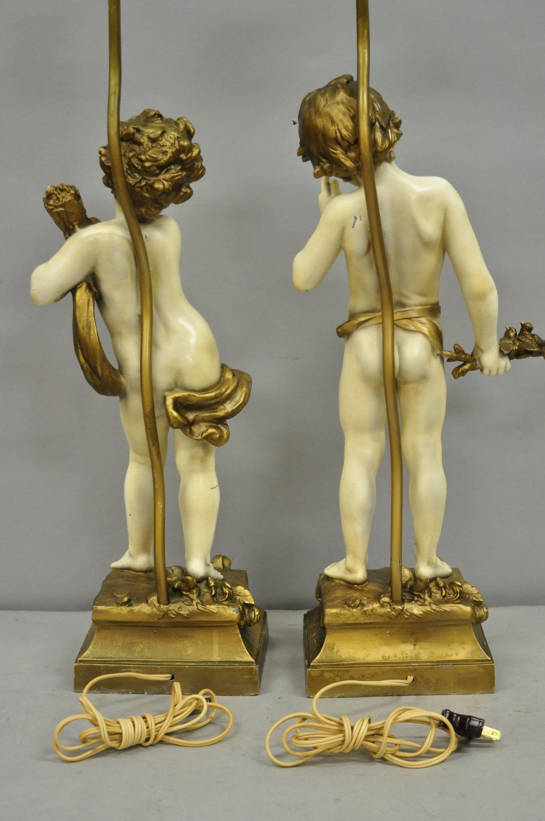 Antique French Moreau Figural Full Cherub Painted Metal Table Lamps - a Pair