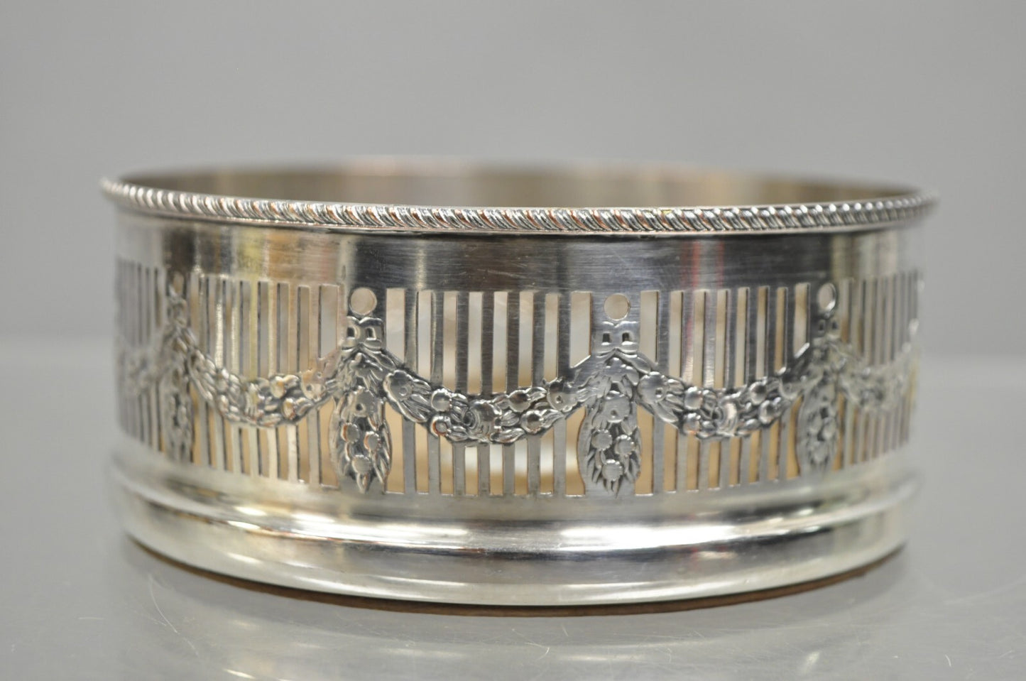Sheffield Edwardian Silver Plated Fretwork Draped Mahogany Wine Bottle Coaster