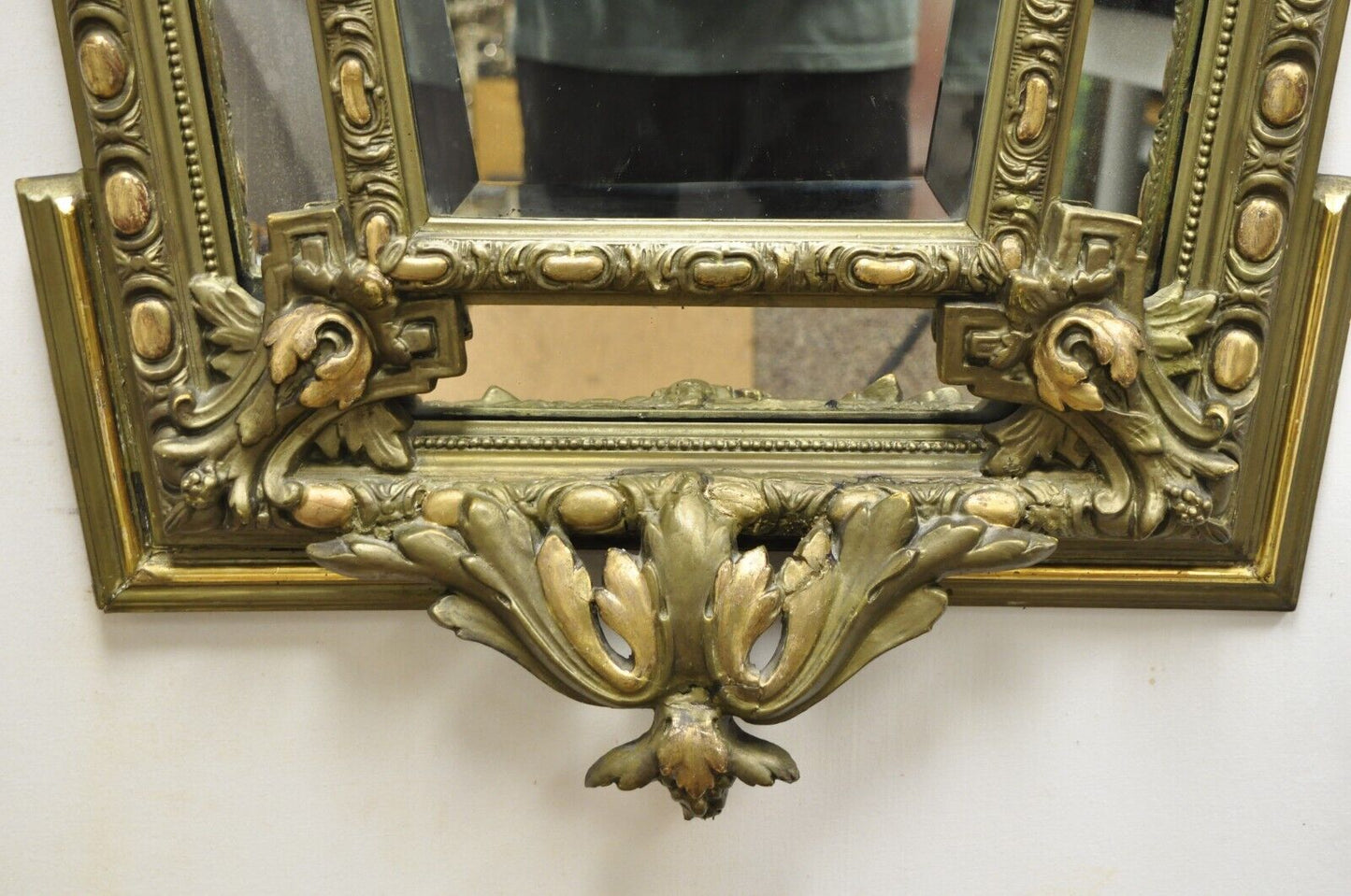 Antique French Renaissance Baroque Carved Giltwood Gesso Wall Mirror with Face