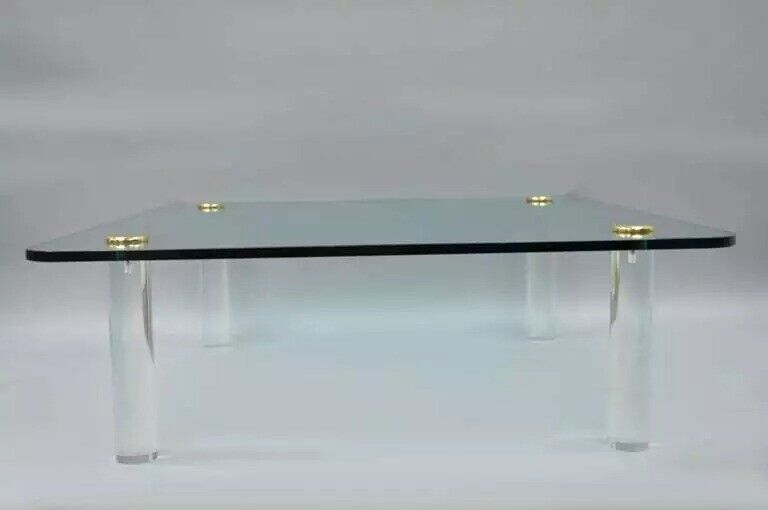 Mid Century Modern Lucite Cylinder Leg Brass Glass Coffee Cocktail Table by Pace