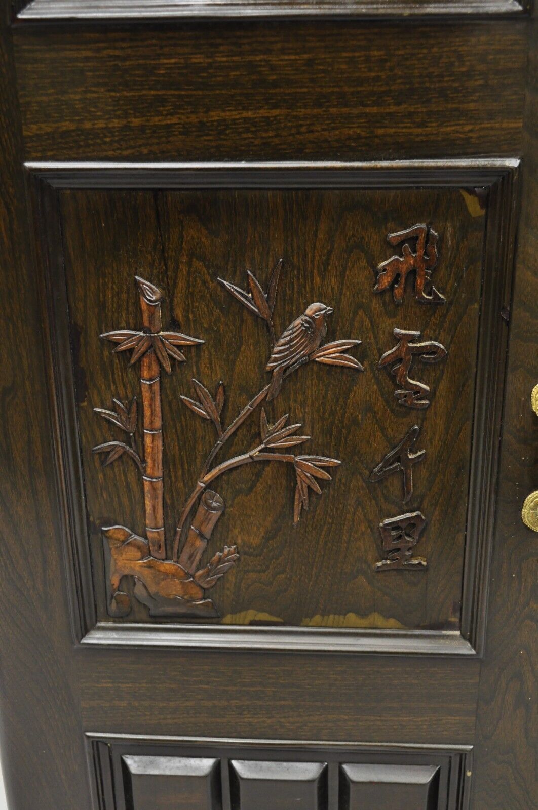 Vintage Korean Carved Wood Marble Top Asian Chinese Liquor Cabinet Dry Bar