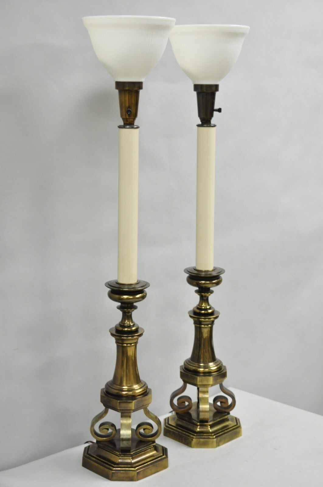 Vintage Hollywood Regency Burnished Brass Tall Candlestick Table Lamps - a Pair
