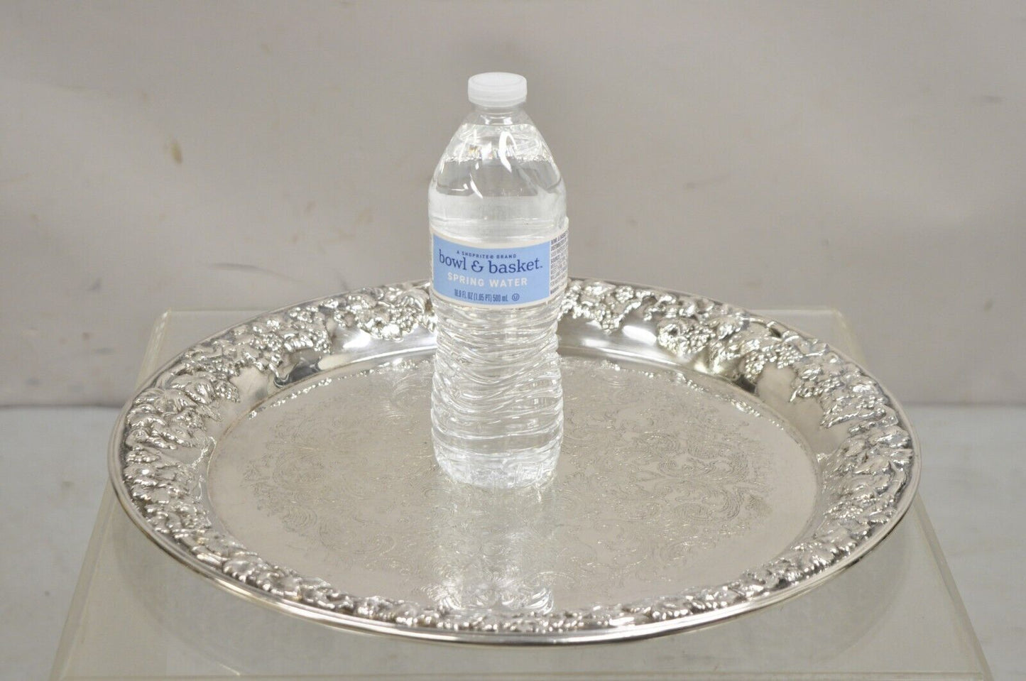 Vintage Victorian Style Floral Repousse Silver Plated 15" Round Platter Tray