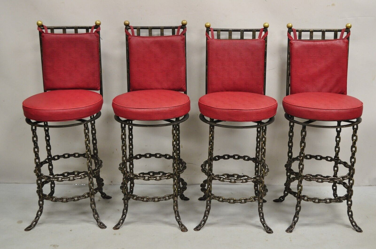 Vintage Mid Century Brutalist Iron Chain Link Swivel Counter Bar Stool Set of 4