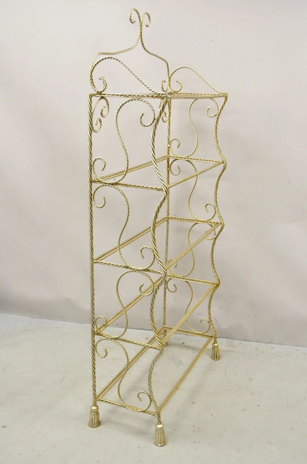 Italian Hollywood Regency Iron Rope Tassel Silver Gold 5 Tier Etagere Bookcase