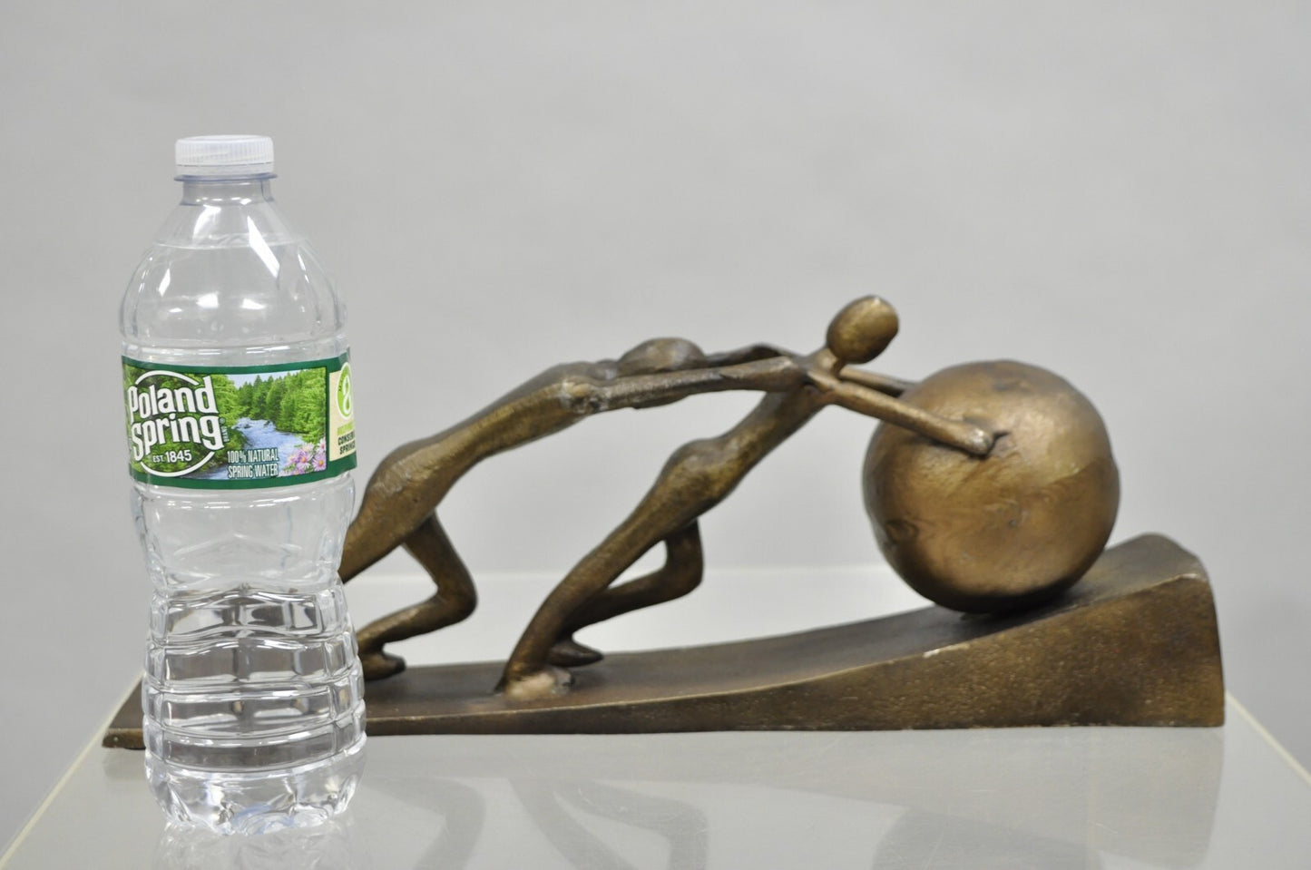 Modern Abstract Brutalist Cast Metal Sculpture Figures Pushing Boulder up Hill