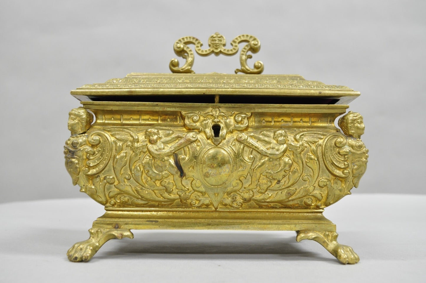 Antique French Renaissance Figural Bronze Casket Jewelry Box with Cherubs