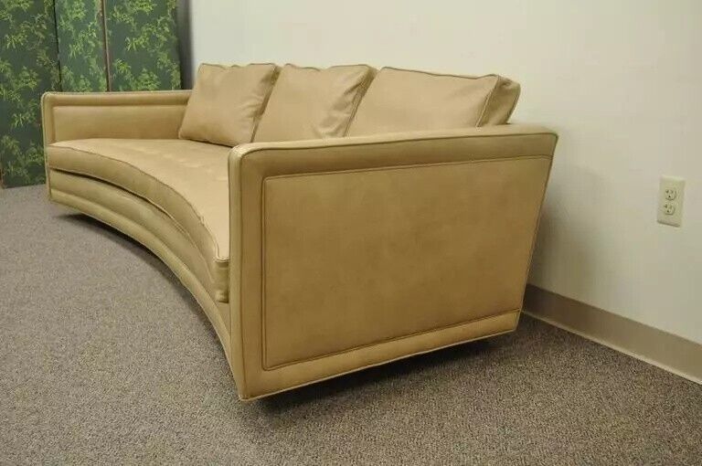 Harvey Probber Long Curved Button Tufted Beige Leather Mid Century Modern Sofa