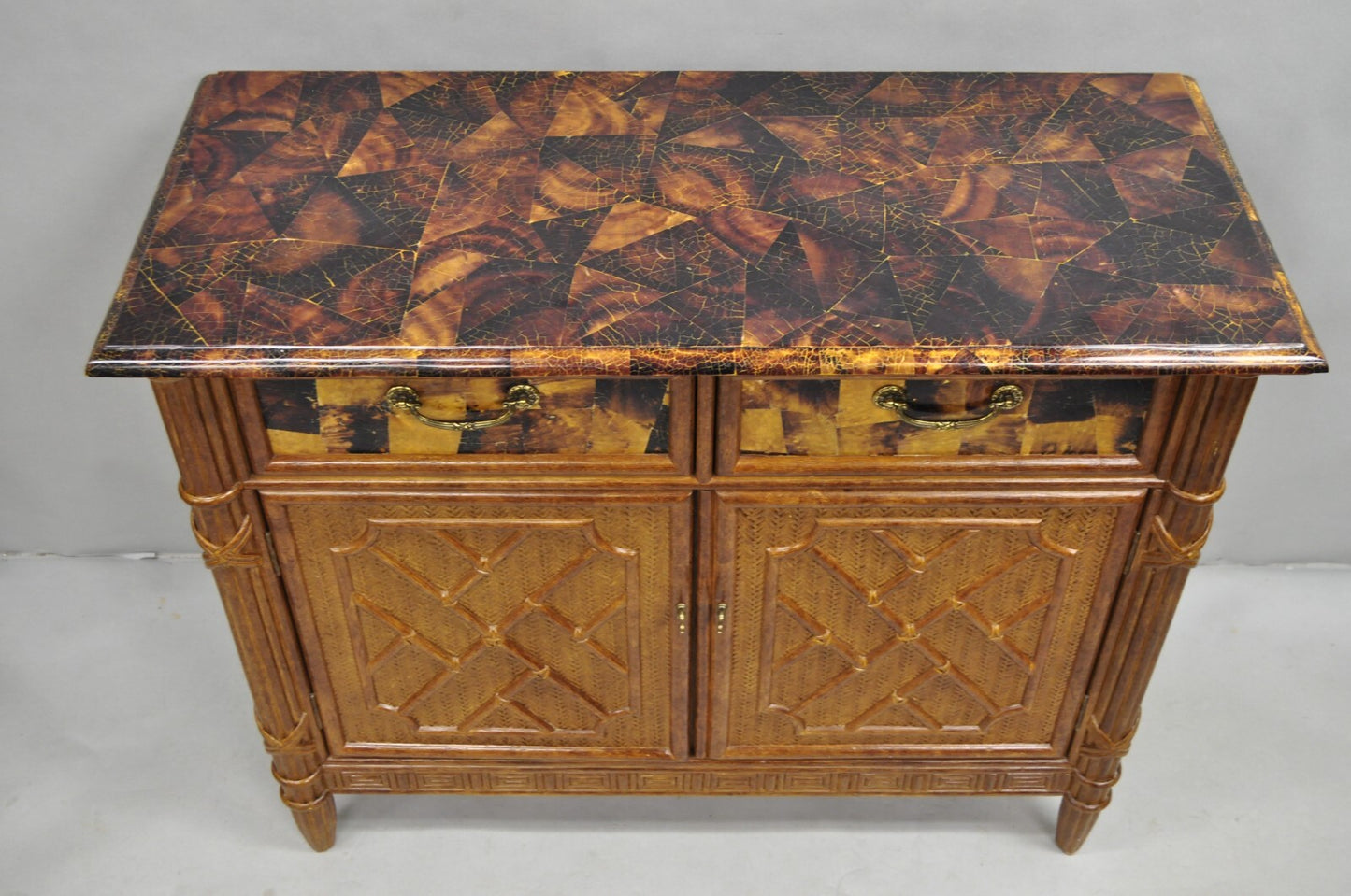 Chinese Chippendale Faux Bamboo Rattan Tortoiseshell Server Buffet Bar Cabinet