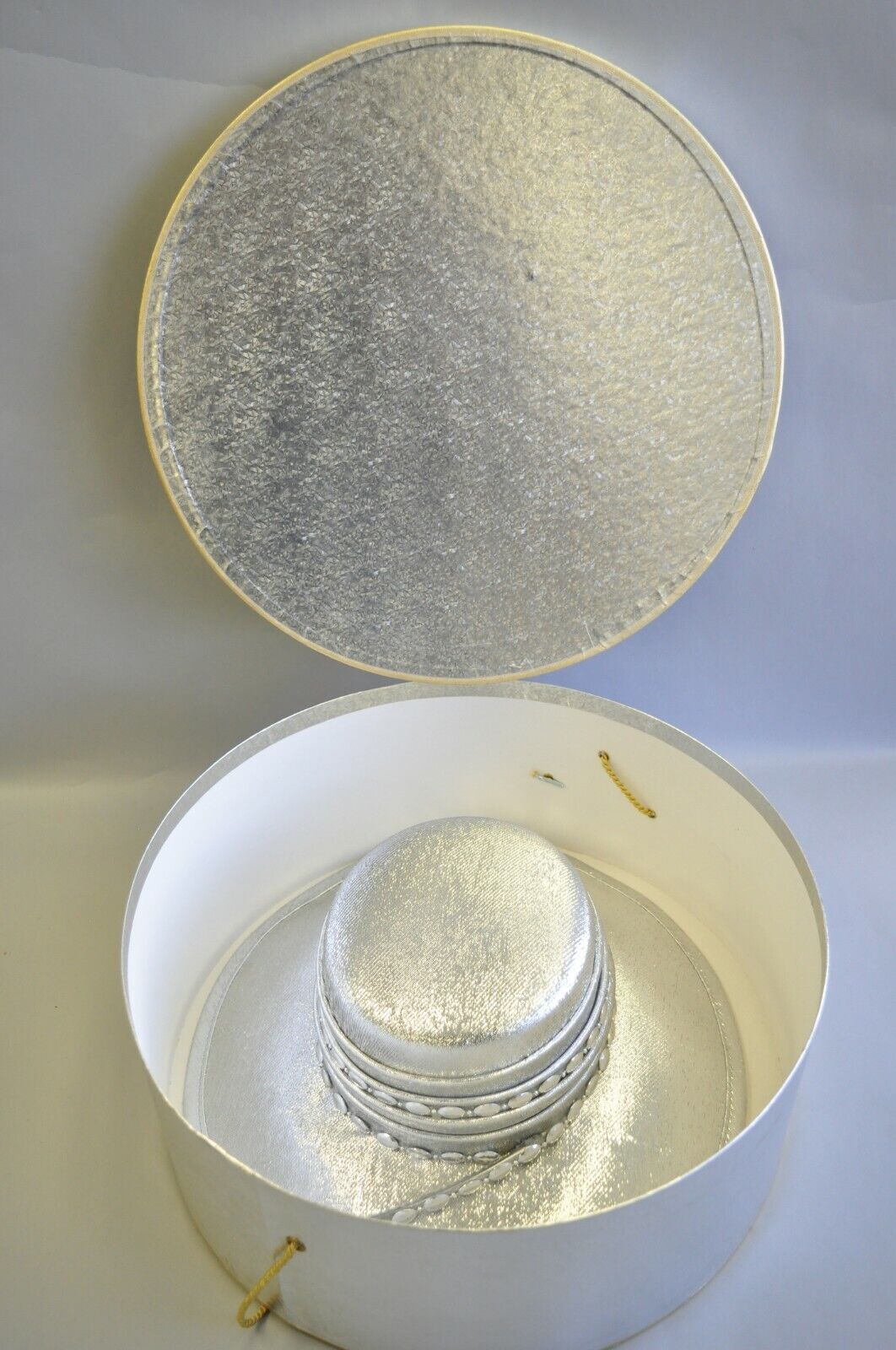 Vintage Mr. John Classic Metallic Silver Church Derby Wide Brim Hat with Feather