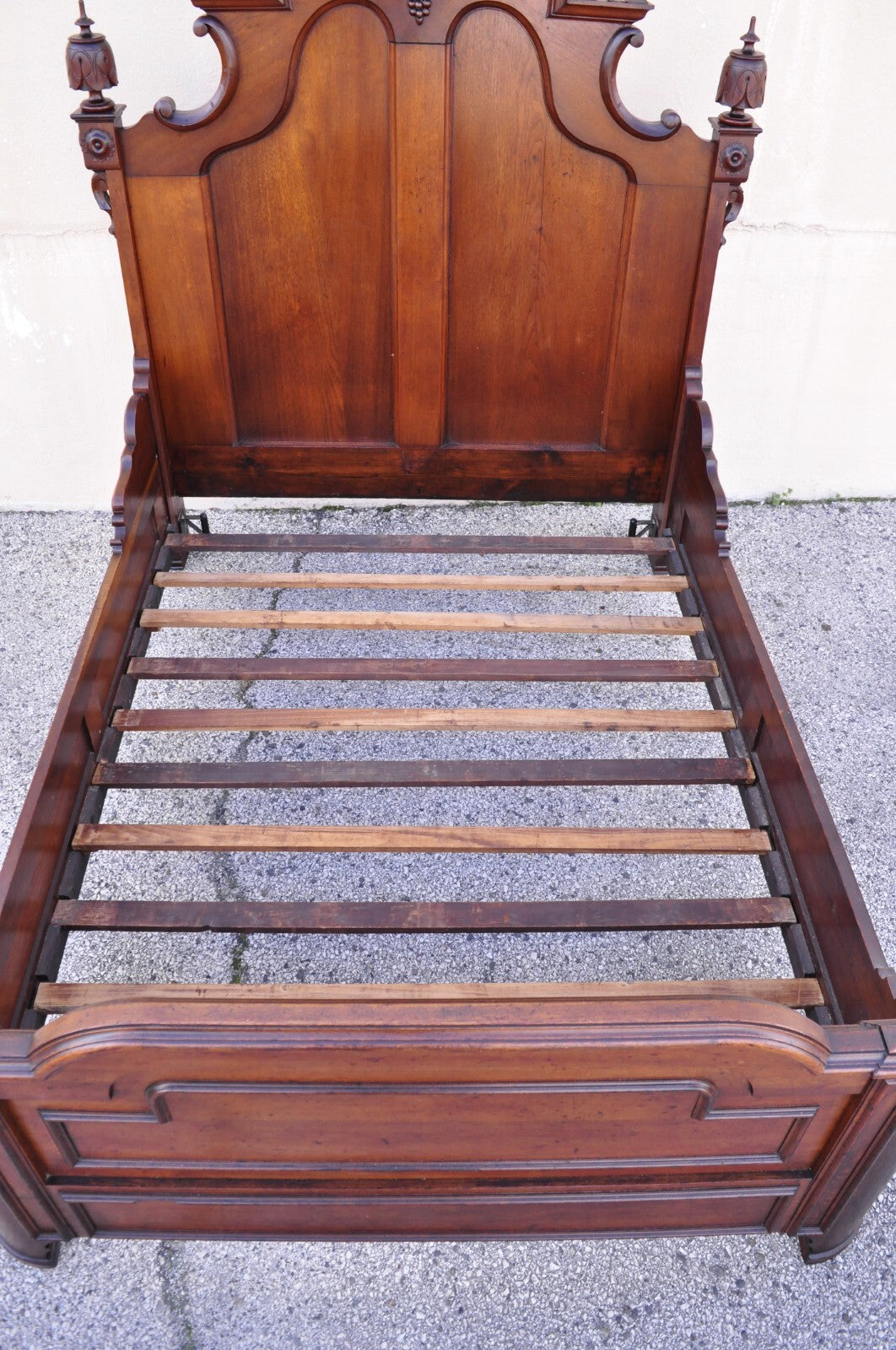 Antique Eastlake Victorian Stately Carved Walnut Highback Full Size Bed Frame