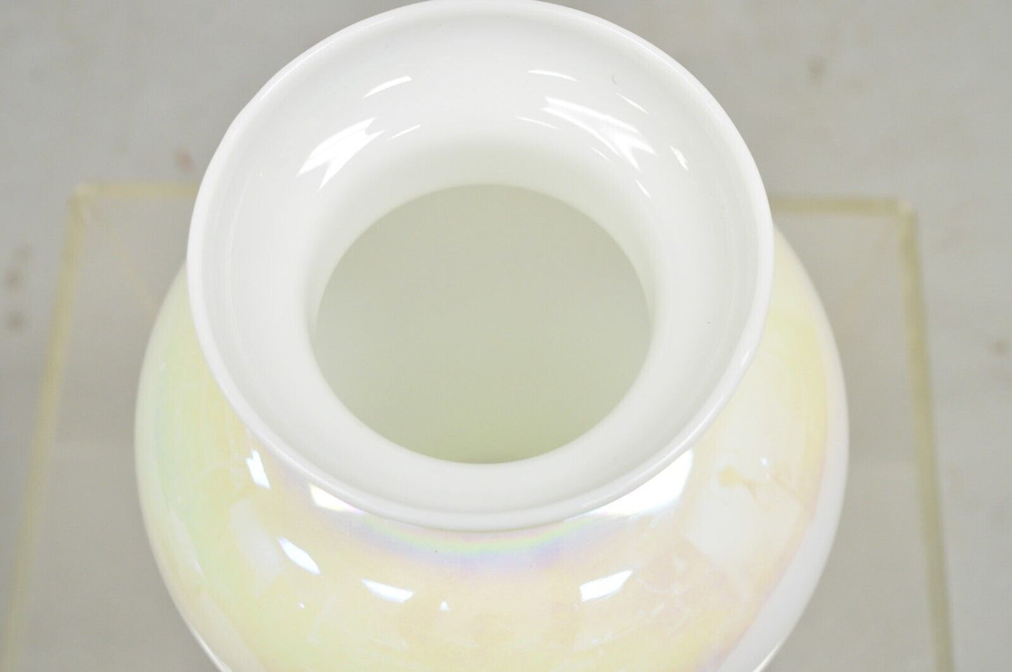 Vintage Pearlescent Opalescent White Iridescent Hand Blown Art Glass Flower Vase