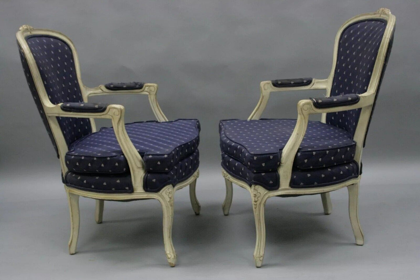 Vintage French Country Louis XV Style White Painted Arm Chairs - a Pair