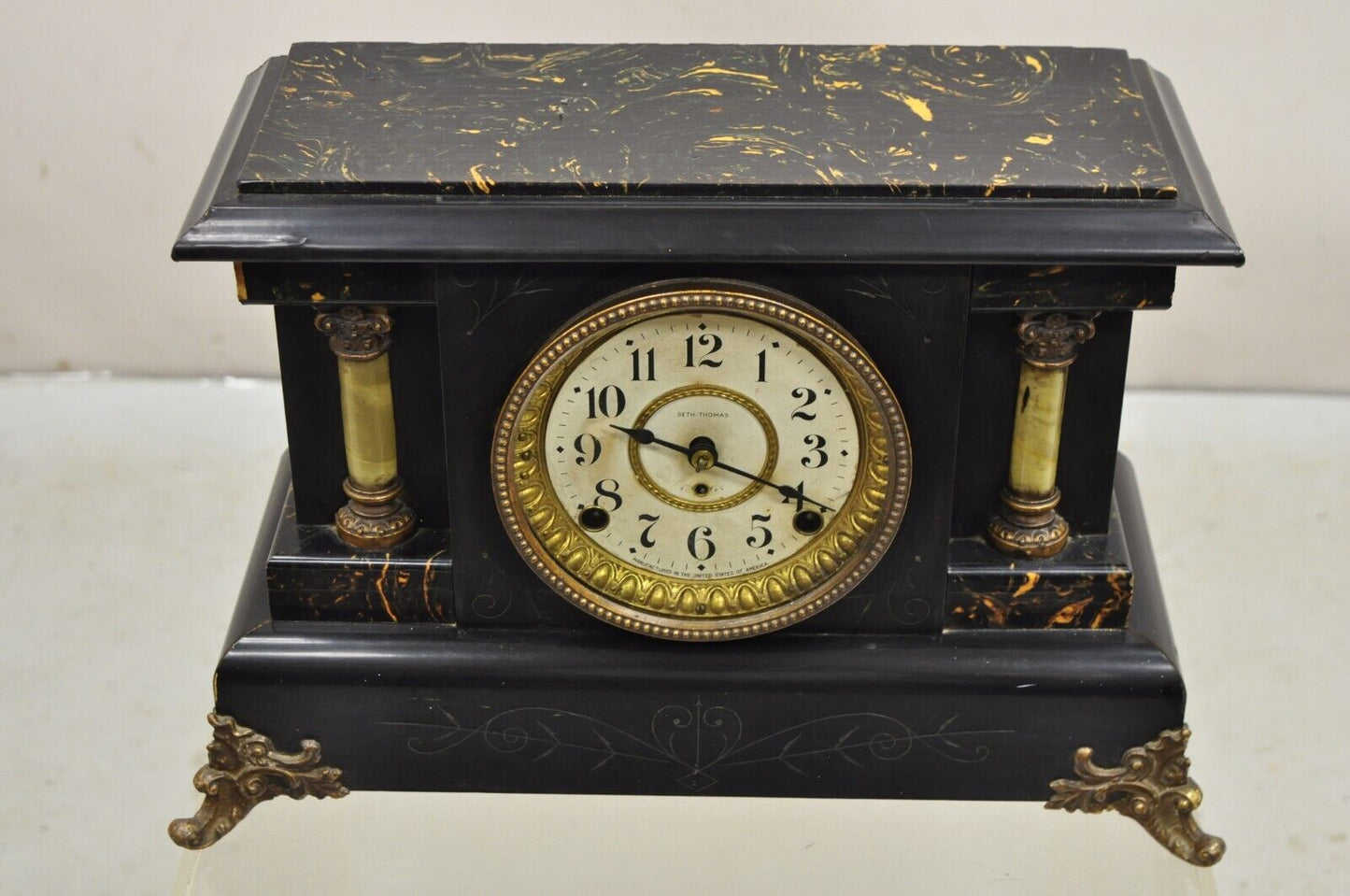 Antique Seth Thomas Adamantine Victorian Faux Marble Shelf Mantel Clock