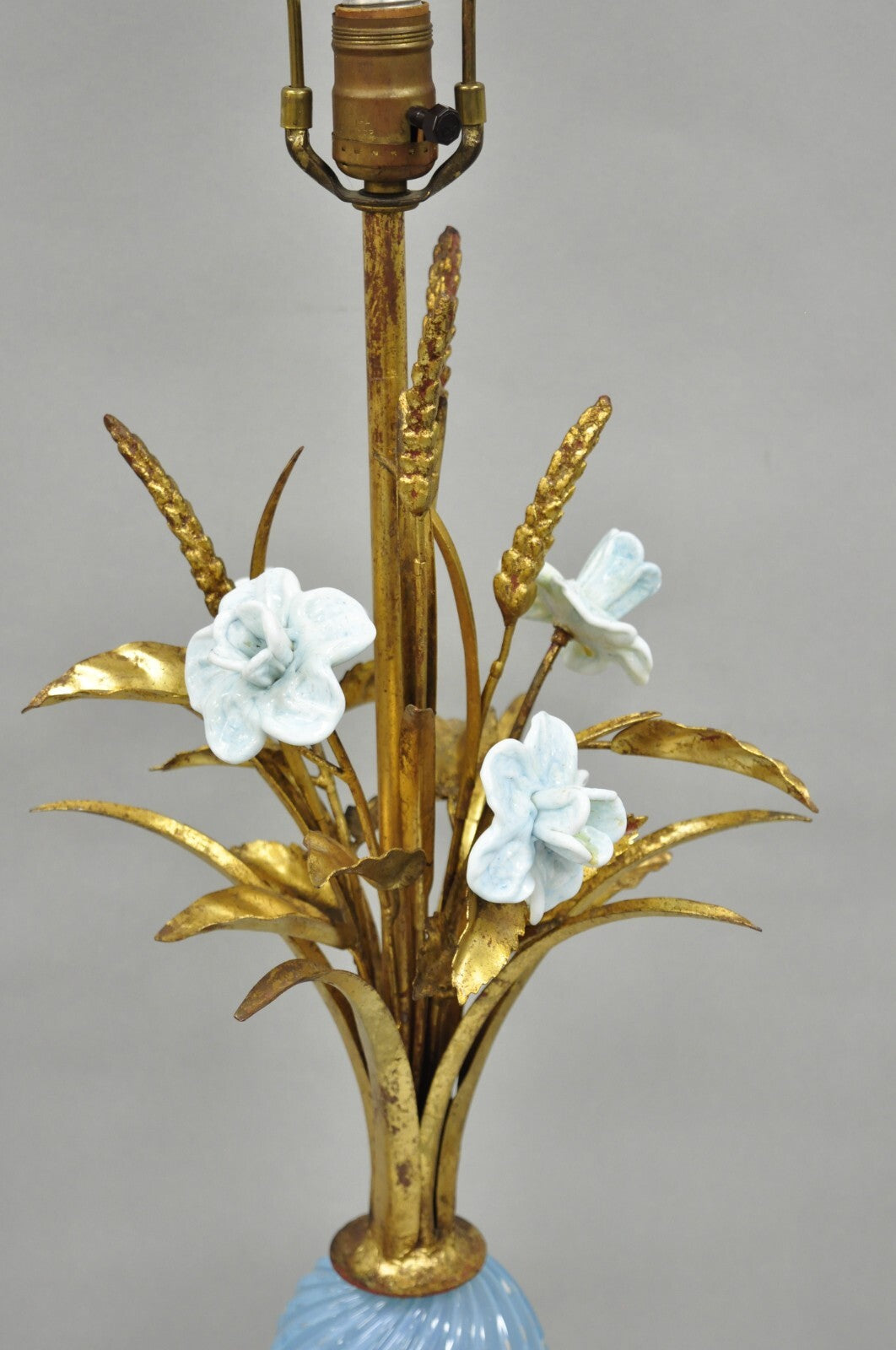 Italian Hollywood Regency Blue Murano Glass Gold Leaf Wheat Sheaf Table Lamp
