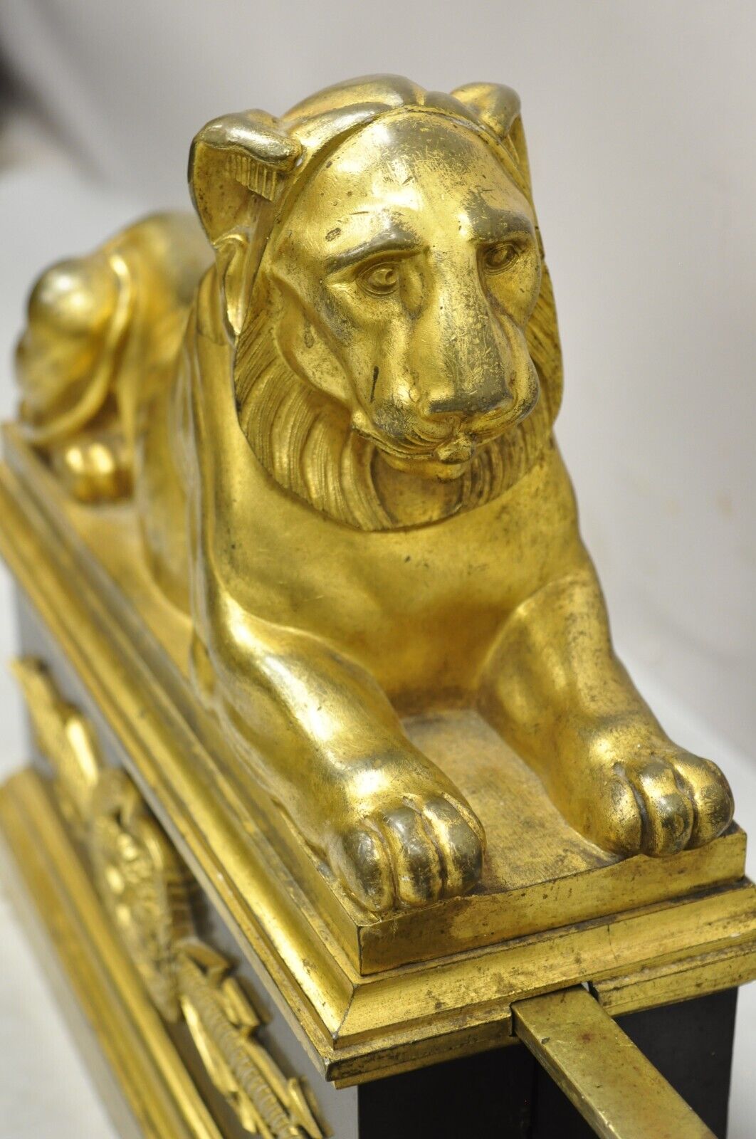 French Empire Neoclassical Bronze Lion Andirons Chenets with Fender - 3 pc set