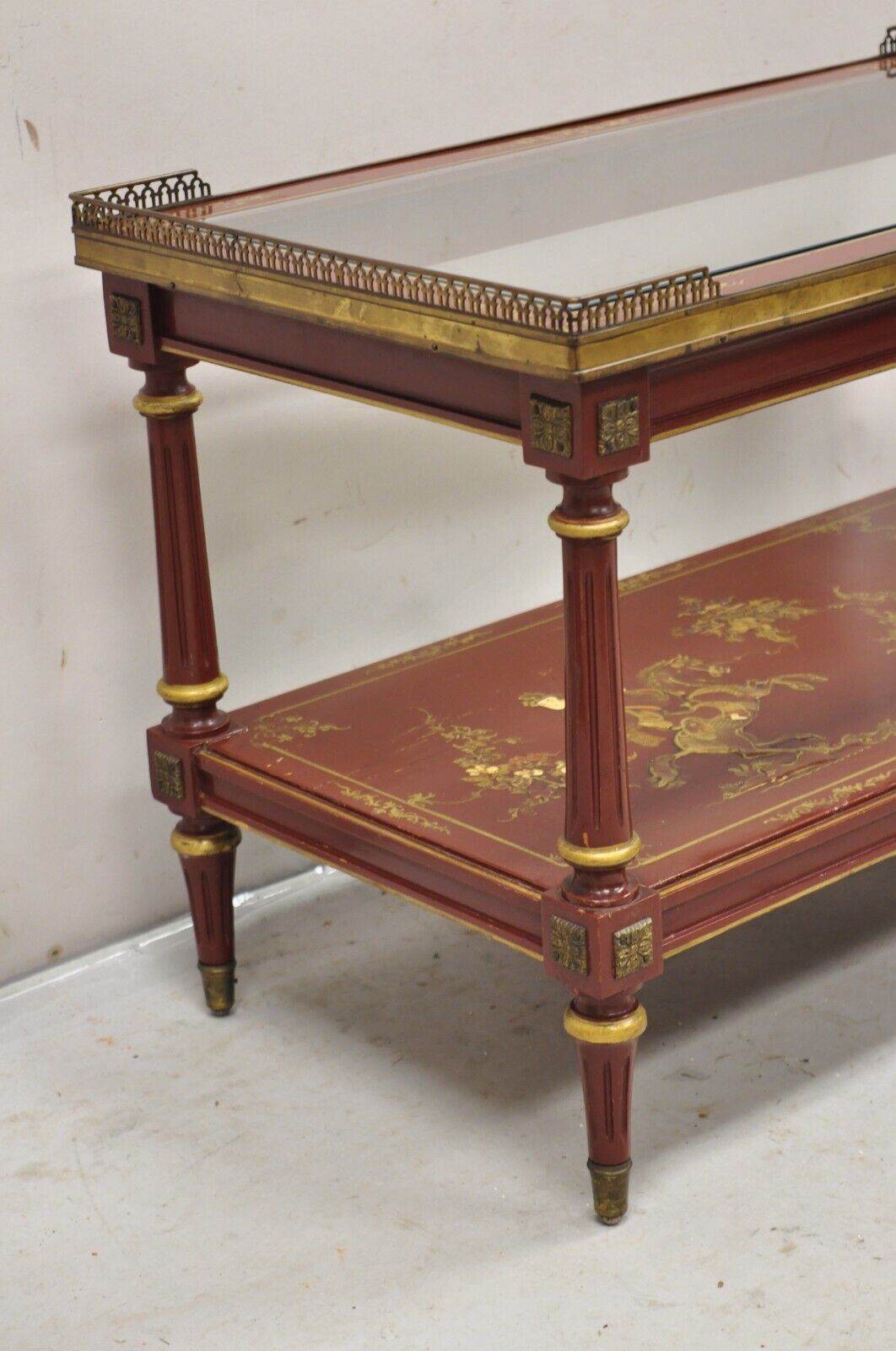 Chinoiserie Red Lacquer Gilt Painted Oriental Asian Glass Top Coffee Table