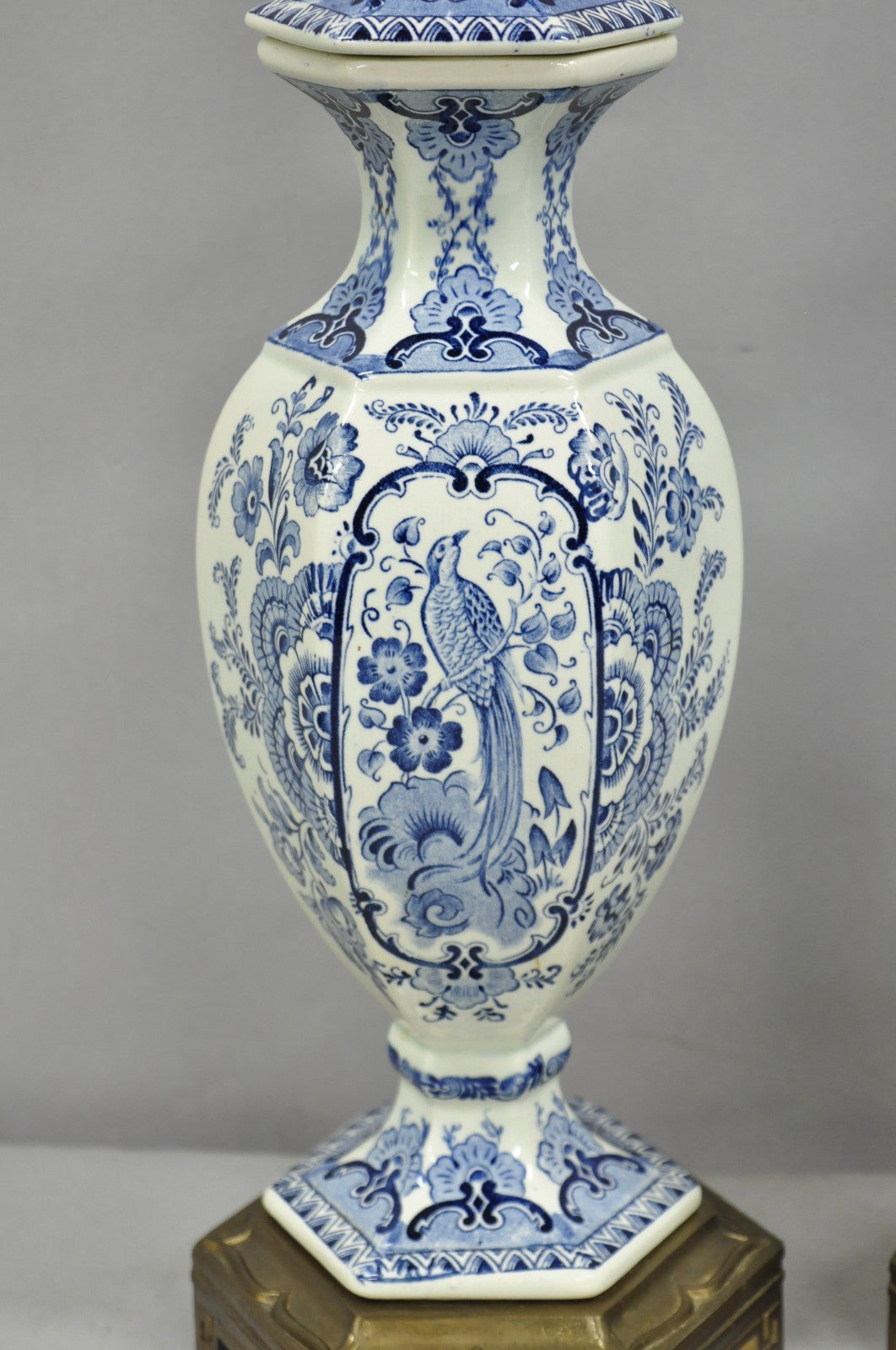 Vintage Chinoiserie Blue & White Porcelain Urn Bird Painted Table Lamps - a Pair