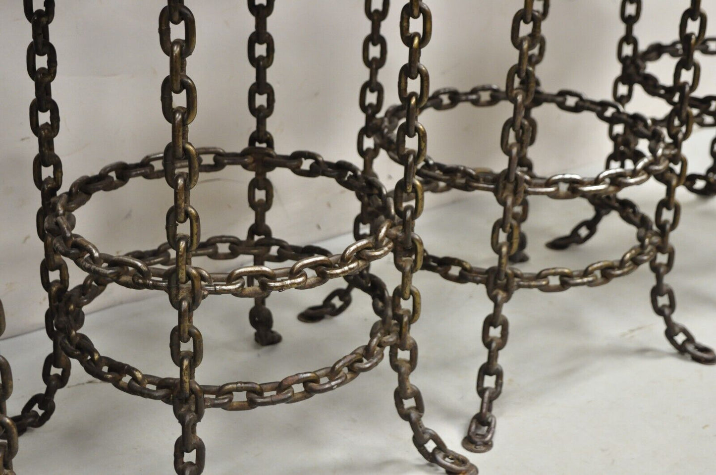 Vintage Mid Century Brutalist Iron Chain Link Swivel Counter Bar Stool Set of 4