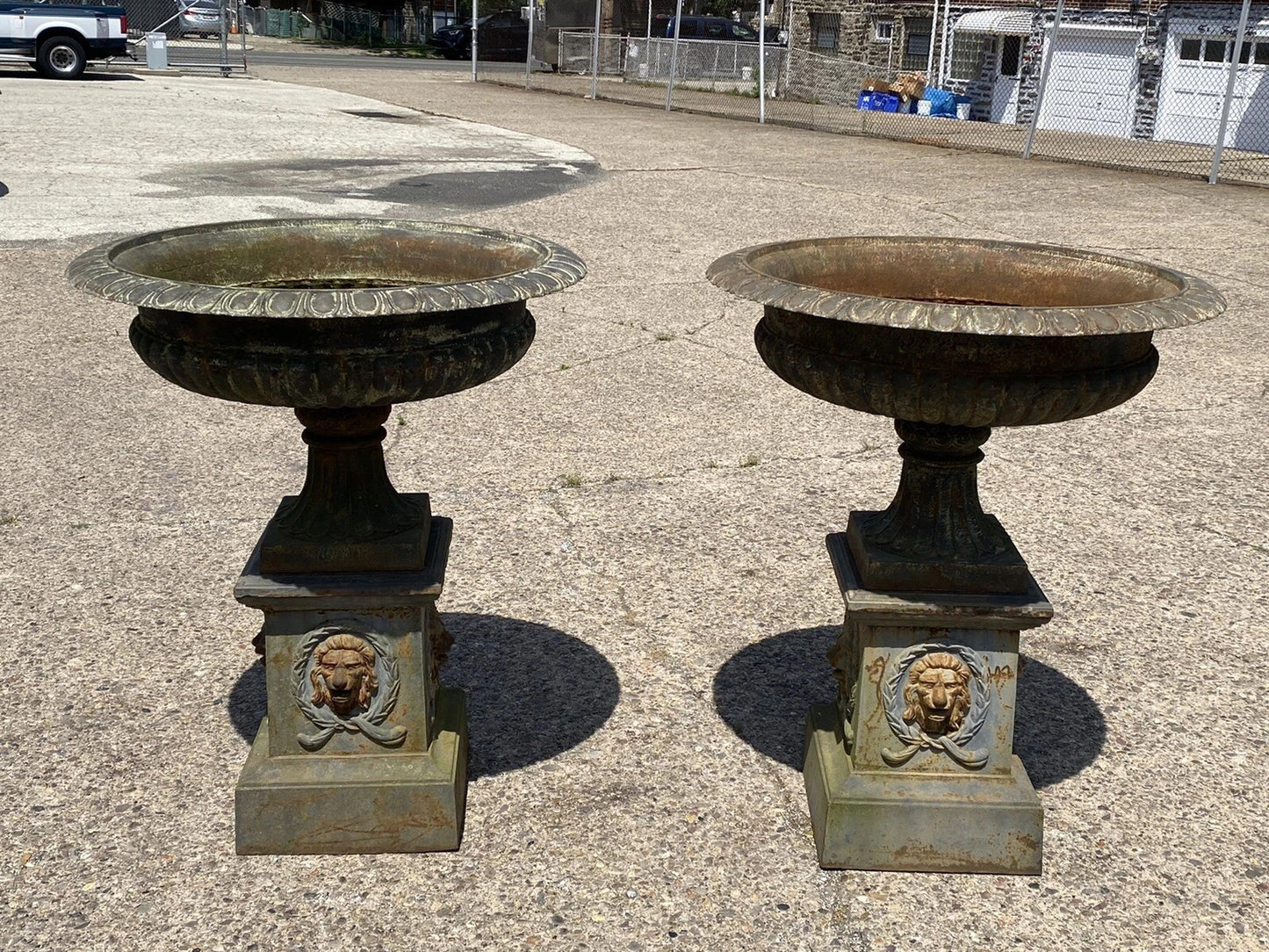 Vintage French Empire Large Cast Iron 42" Round Lion Urn Garden Planter on Base