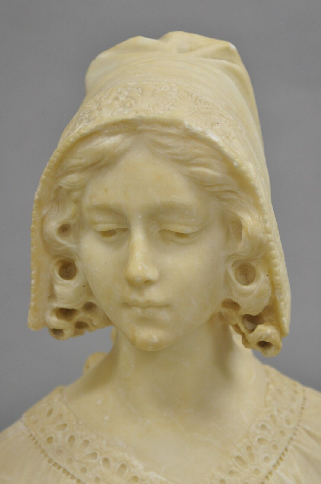 Antique Victorian Carved Alabaster Marble Figural Young Woman Maiden Bust Statue
