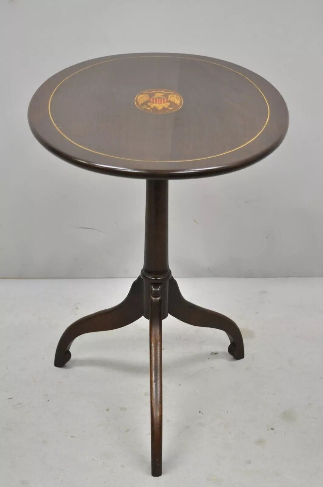 Antique Federal Sheraton Mahogany Eagle Shield Flag Inlay Tilt Top Lamp Table
