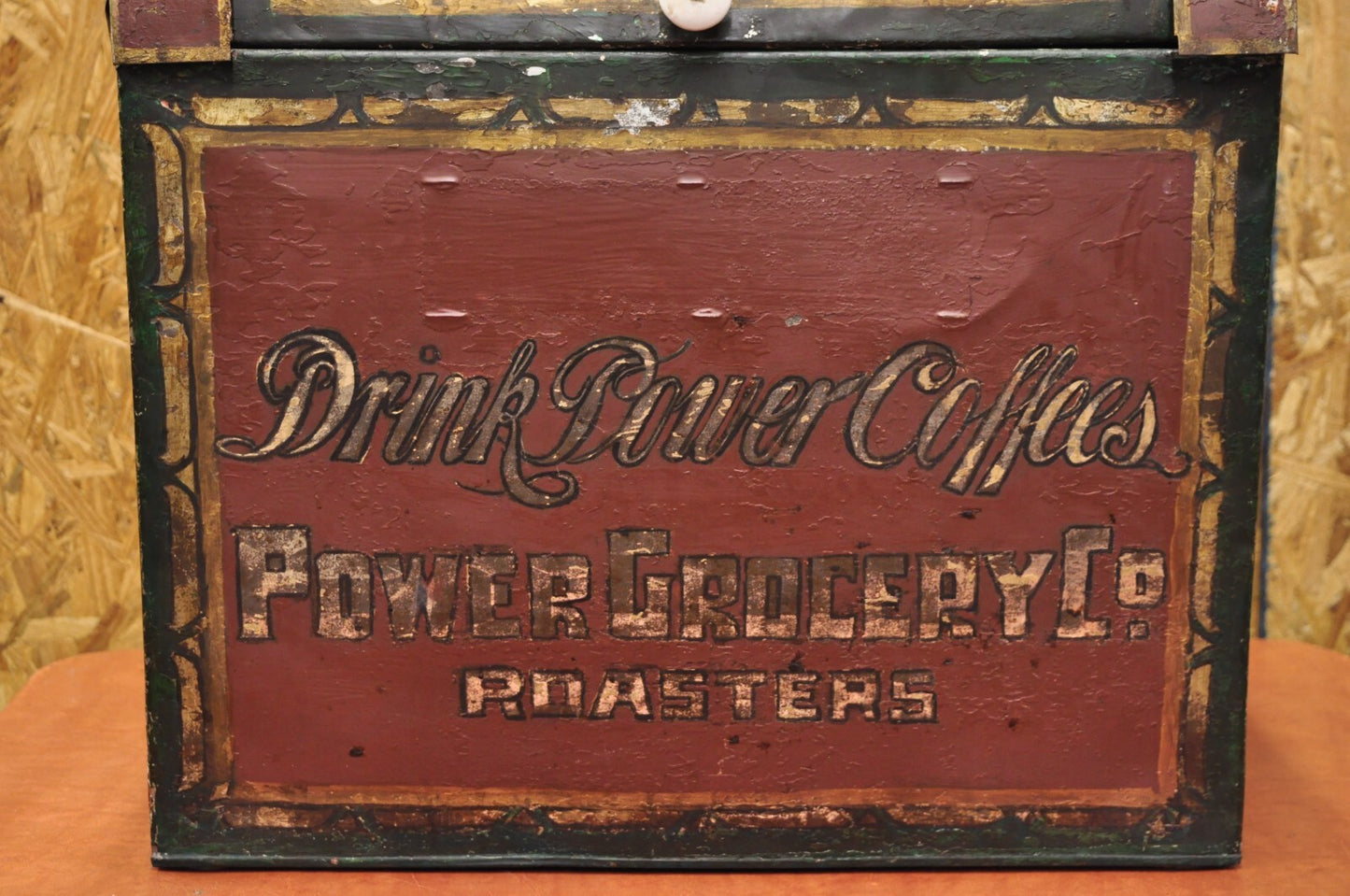 Antique Power Coffee Tin Rolltop Red Tea Hopper General Store Spice Bin Display