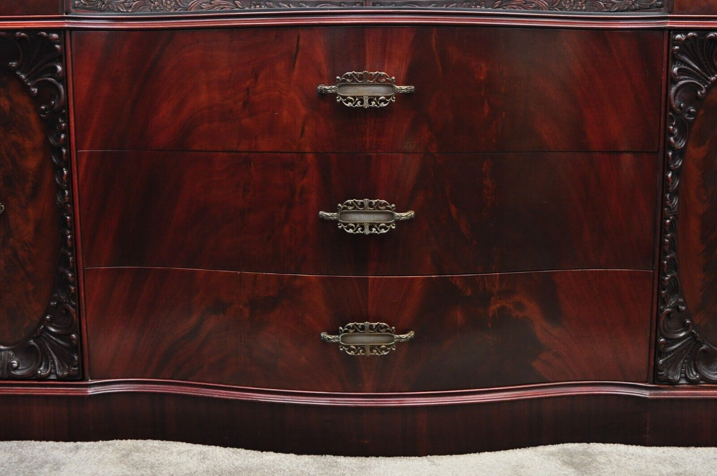 Vtg Chinese Chippendale Flame Mahogany Triple Dresser w/ Bowed Front and Mirror