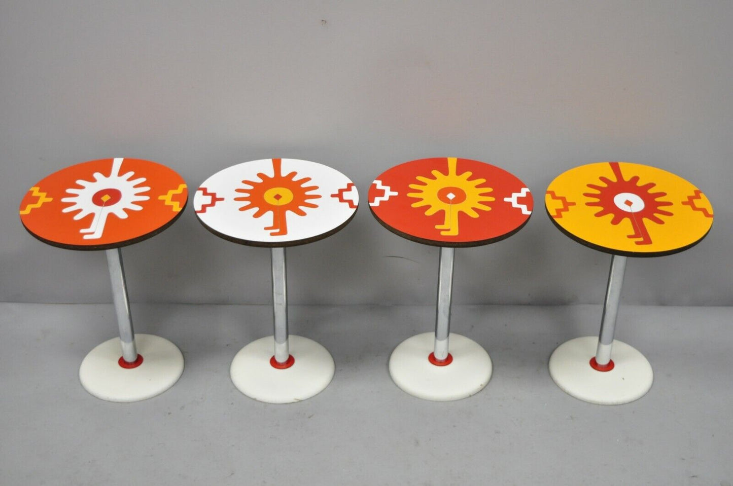 Mid Century Orange Yellow White Round Side Tables by R. Johnson - Set of 4