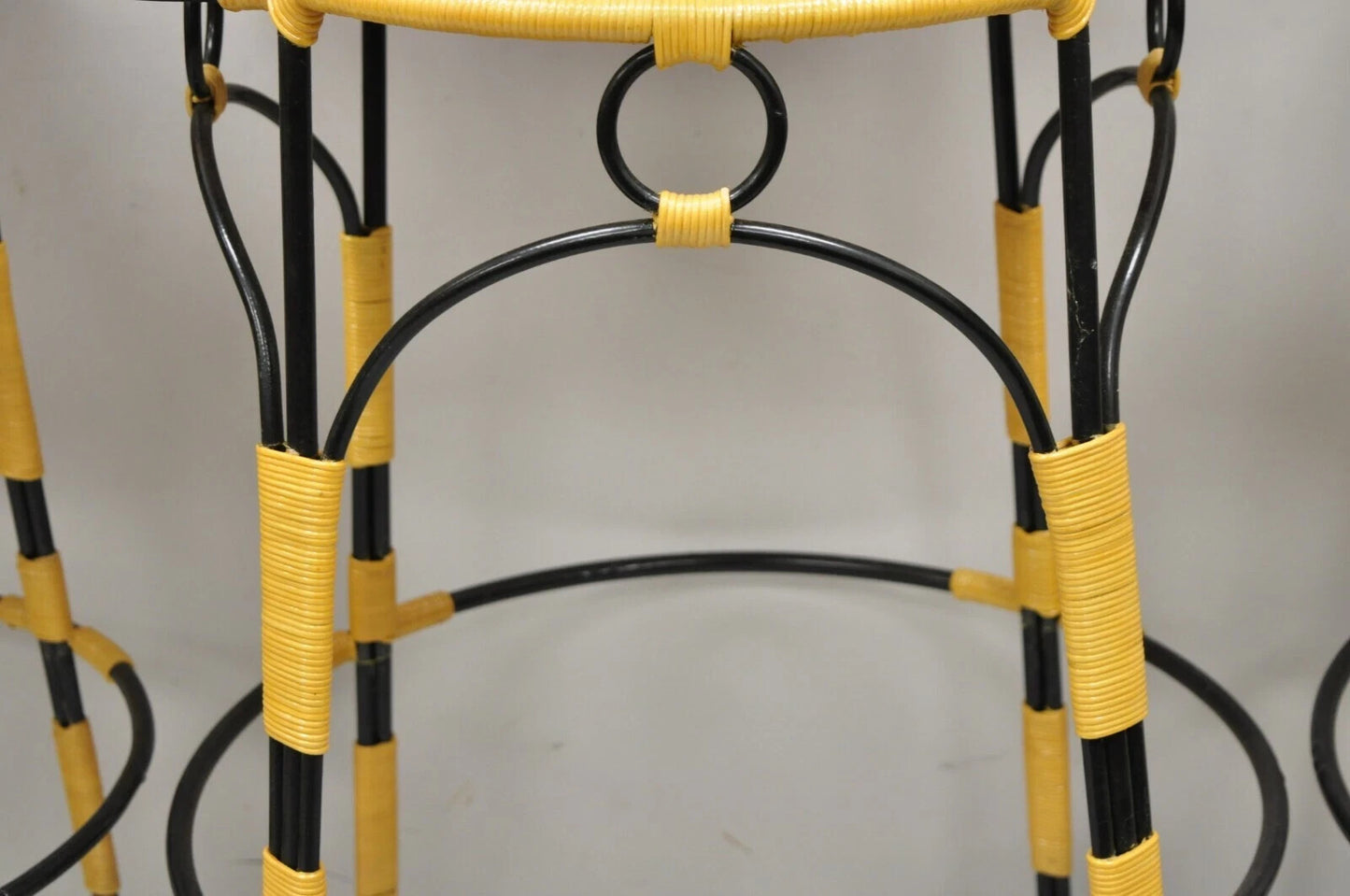French Country Wrought Iron Woven Vinyl Rattan Bar Stools With Arms - Set of 4