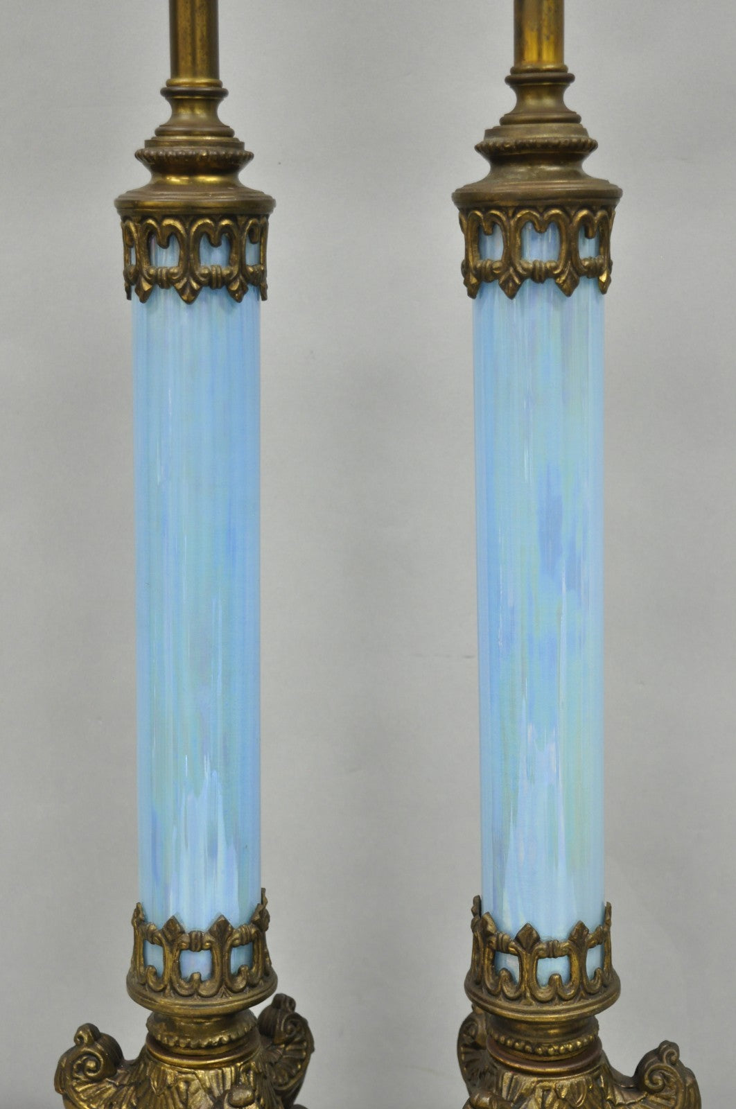 Vintage Italian Neoclassical Empire Iridescent Blue Glass Column Table Lamp Pair