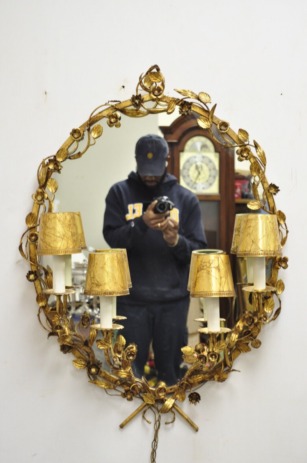 Vtg Italian Hollywood Regency Gold Gilt Iron Oval Floral Wall Mirror w/ Sconces