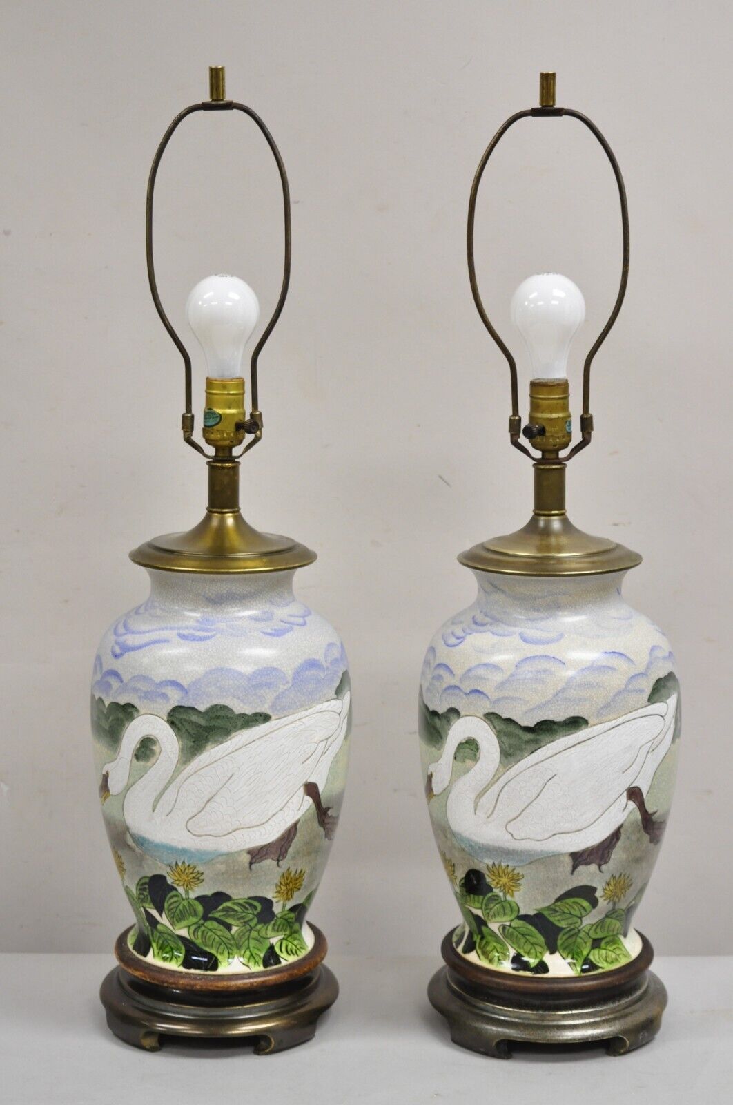 Vintage Chinoiserie Painted Swan Porcelain Ginger Jar Table Lamps - a Pair