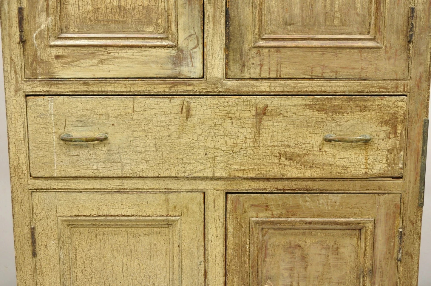 Antique French Country Farmhouse Beige Distressed Paint Kitchen Cupboard Cabinet