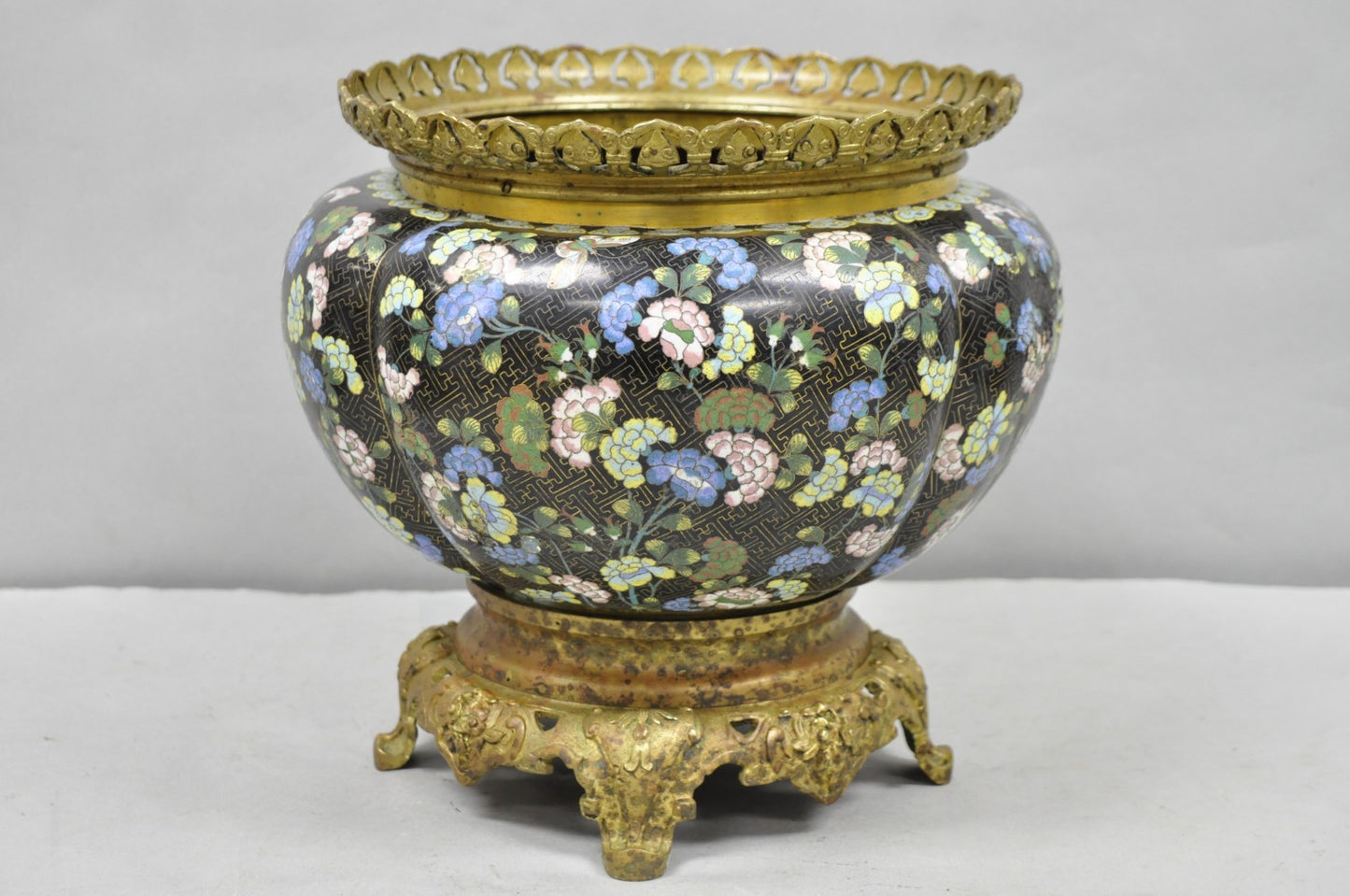 Antique Chinese Black Cloisonne Enamel Butterfly & Flower Bronze Cachepot Vase