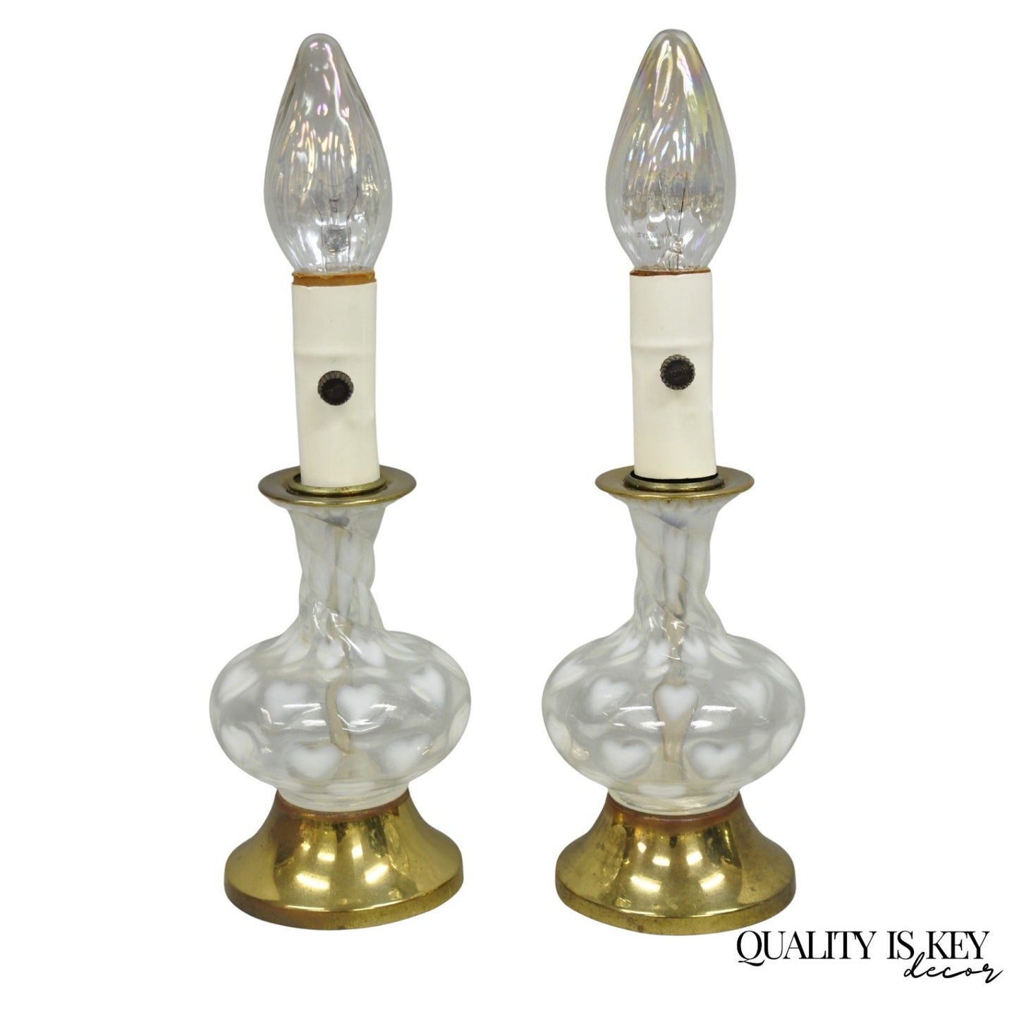 Vintage Hollywood Regency Petite Blown Glass Boudoir Table Lamps w/ Hearts, Pair