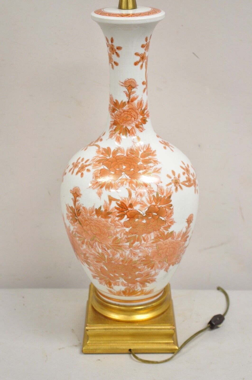 Vintage Marbro Chinoiserie Porcelain Vase Orange Floral Asian Table Lamp Pair