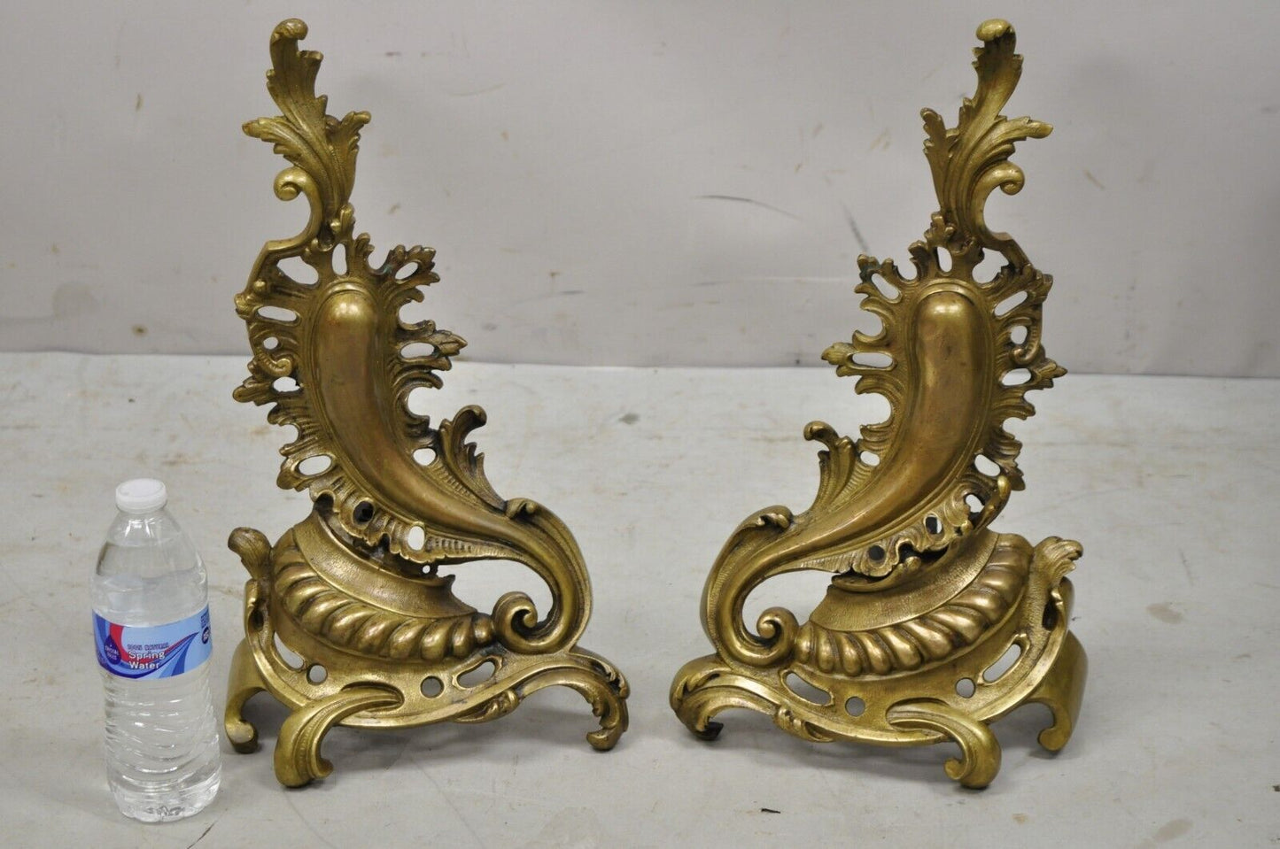 Vintage French Rococo Style Bronze Acanthus Leafy Scroll Andirons - a Pair