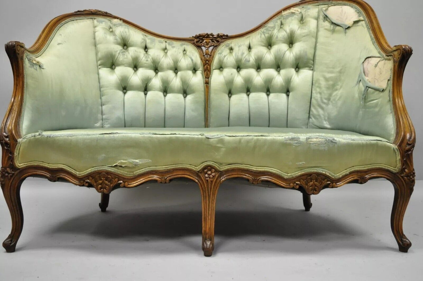 Antique French Louis XV Style Carved Walnut Double Hump Back Settee Loveseat