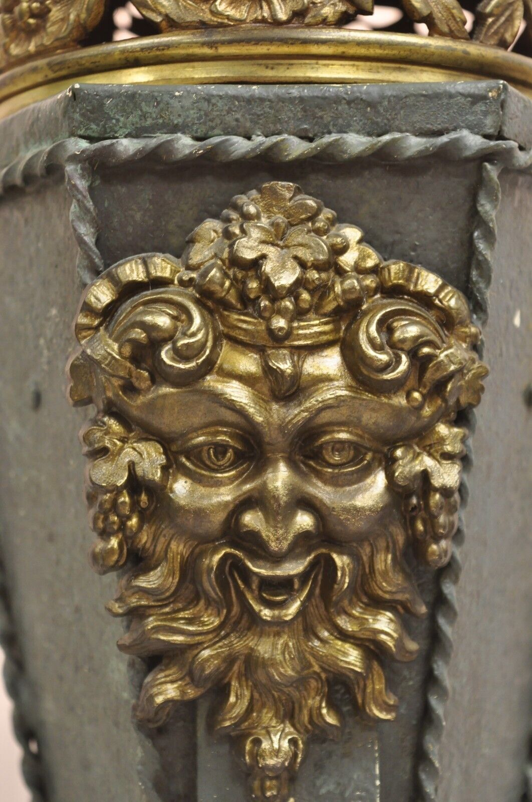 Antique French Neoclassical Green Iron Table Lamp w/ Brass Bacchus Face