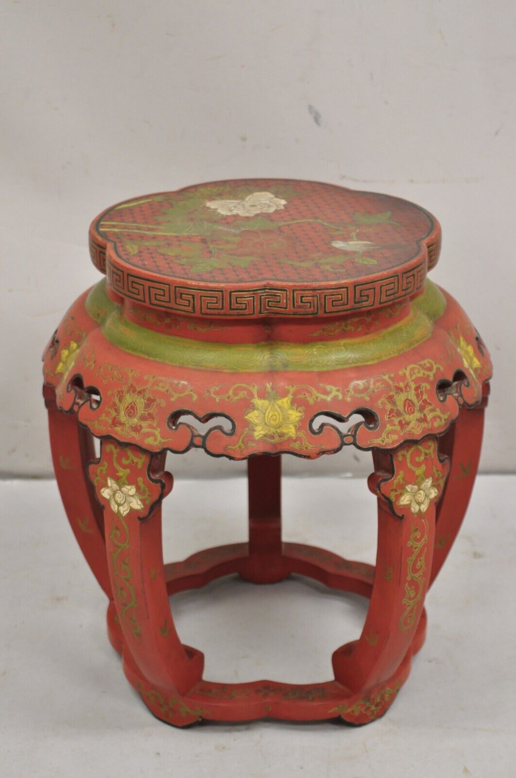 Vintage Chinoiserie Red Lacquer Chinese Drum Stool w Hand Painted Bird & Flowers