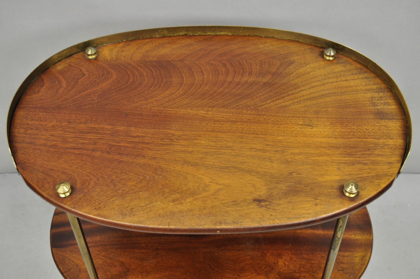 English Campaign Style Mahogany & Brass Oval 3 Tier Rolling Bar Cart Side Table