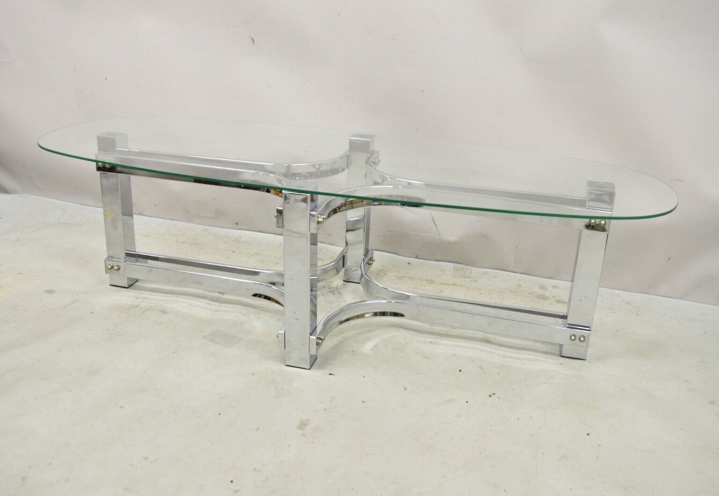 Vintage Mid Century Modern Oval Glass Top Sculptural Chrome Frame Coffee Table