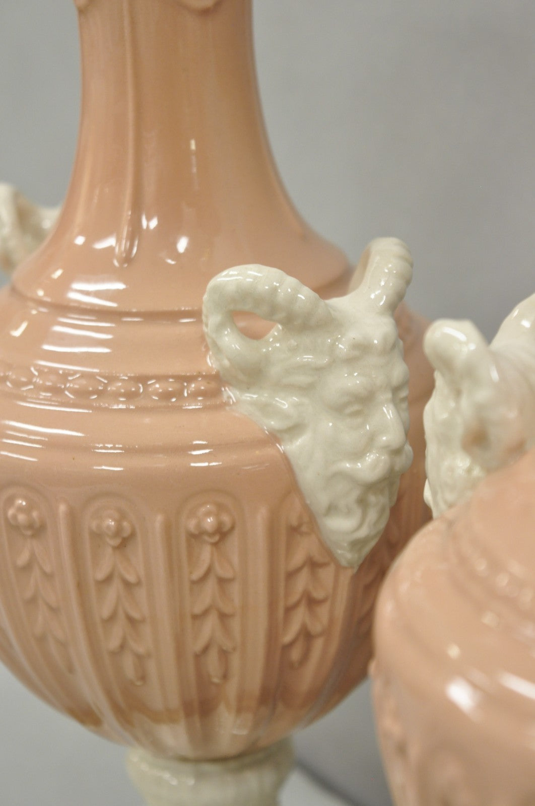 Vintage Italian Neoclassical Pink Porcelain Urn Table Lamps w/ Bearded Man, Pair