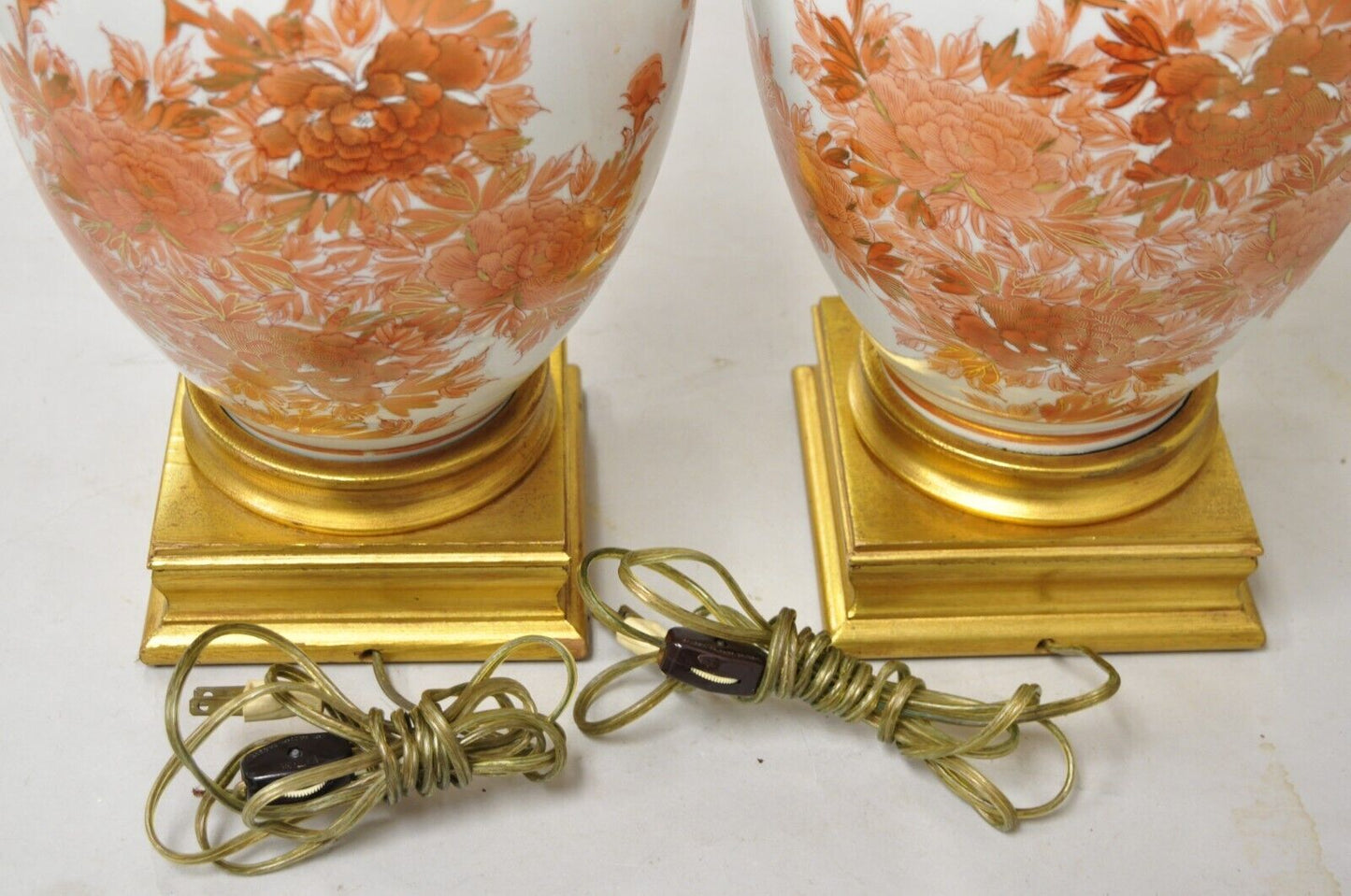 Vintage Marbro Chinoiserie Porcelain Vase Orange Floral Asian Table Lamp Pair