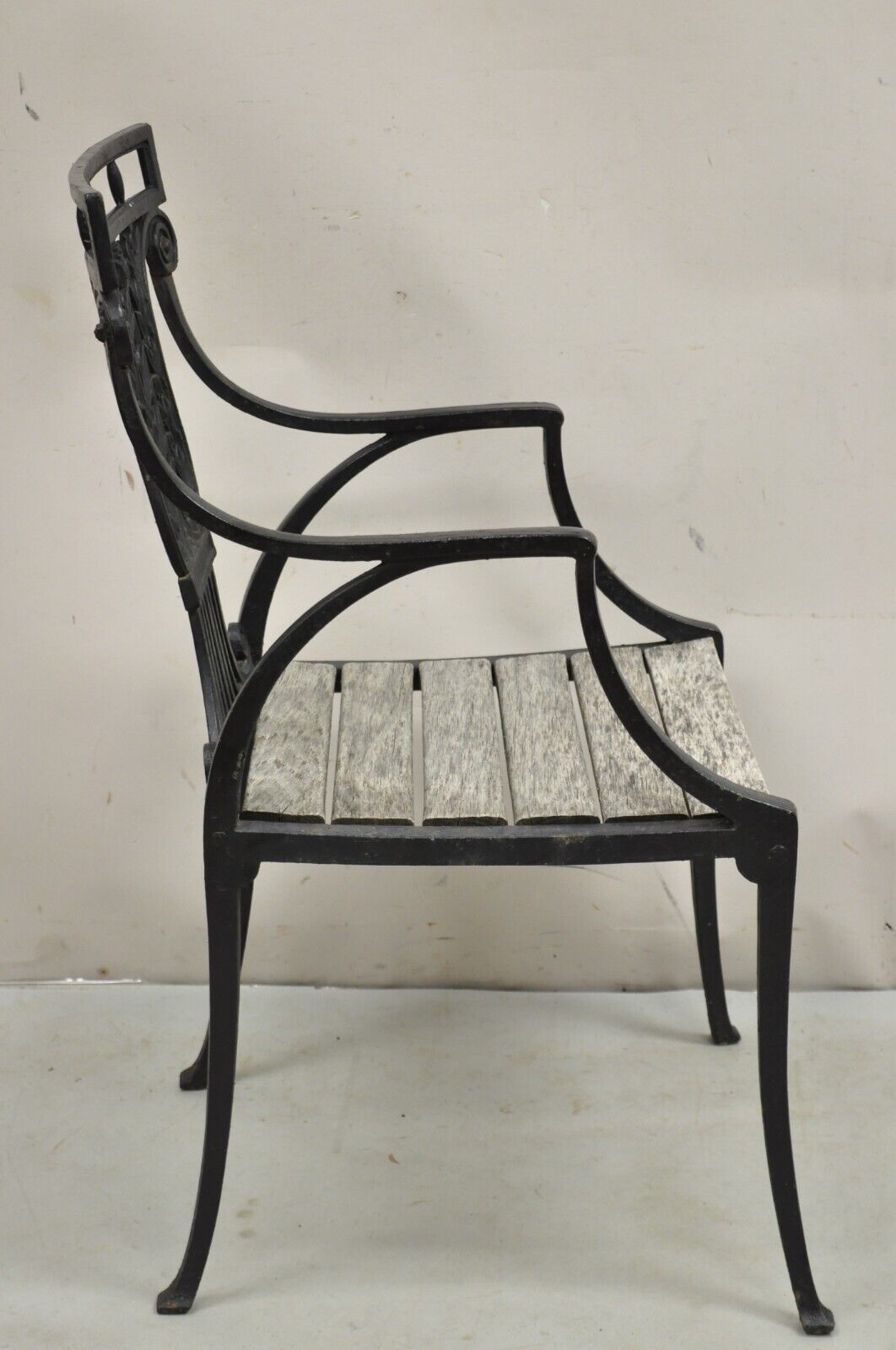 Antique French Regency Style Cast Iron Wooden Slat Garden Arm Chair