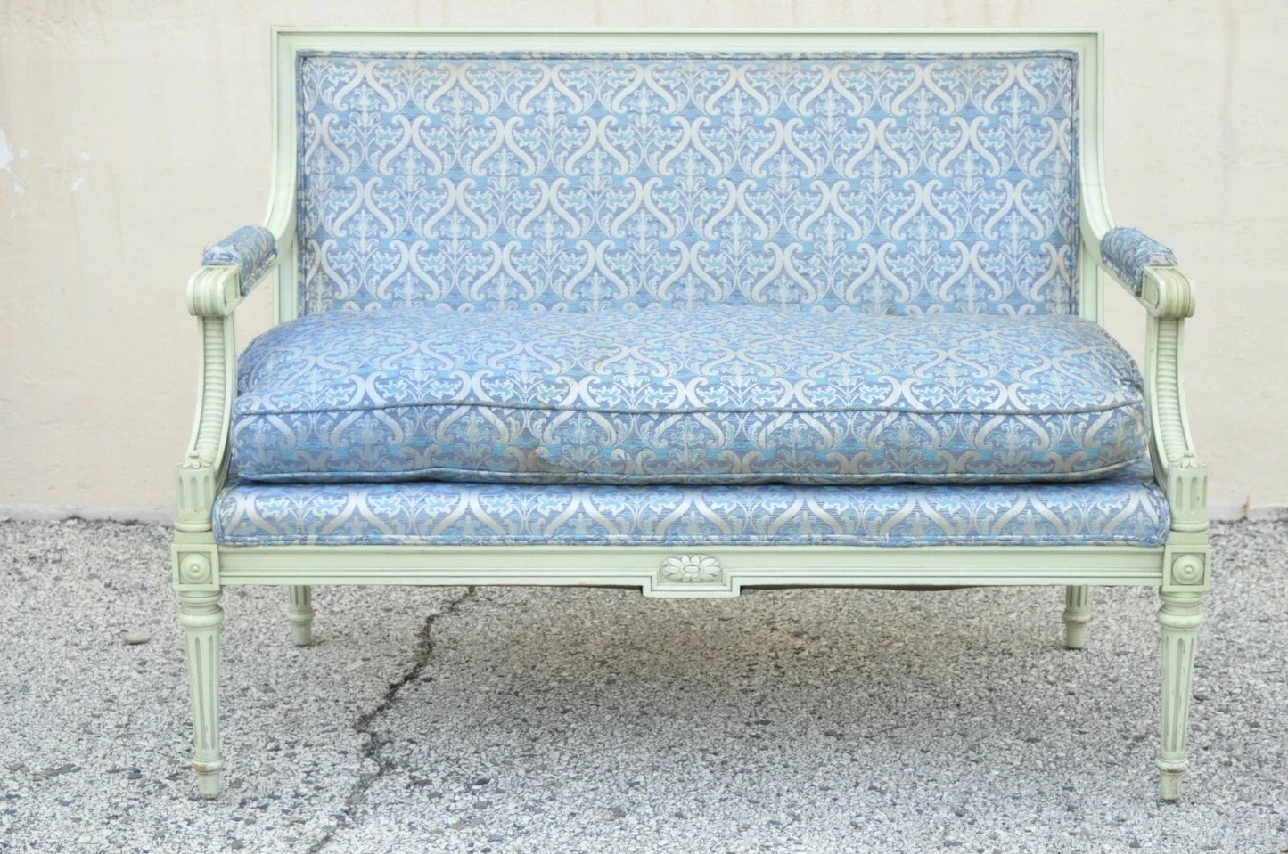 Vintage French Louis XVI Style Hollywood Regency Green Blue Settee Loveseat Sofa
