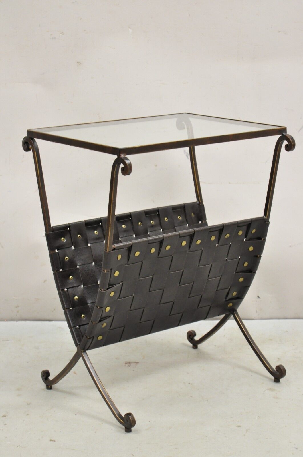 Decorator Modern Iron Leather Strap Magazine Rack Glass Top Side Table